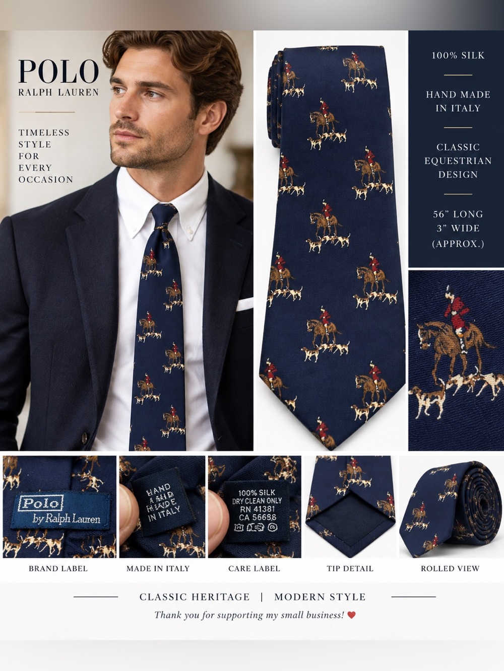 Polo Ralph Lauren Men’s Silk Tie Equestrian Horse Hound Hunting Navy Made Italy